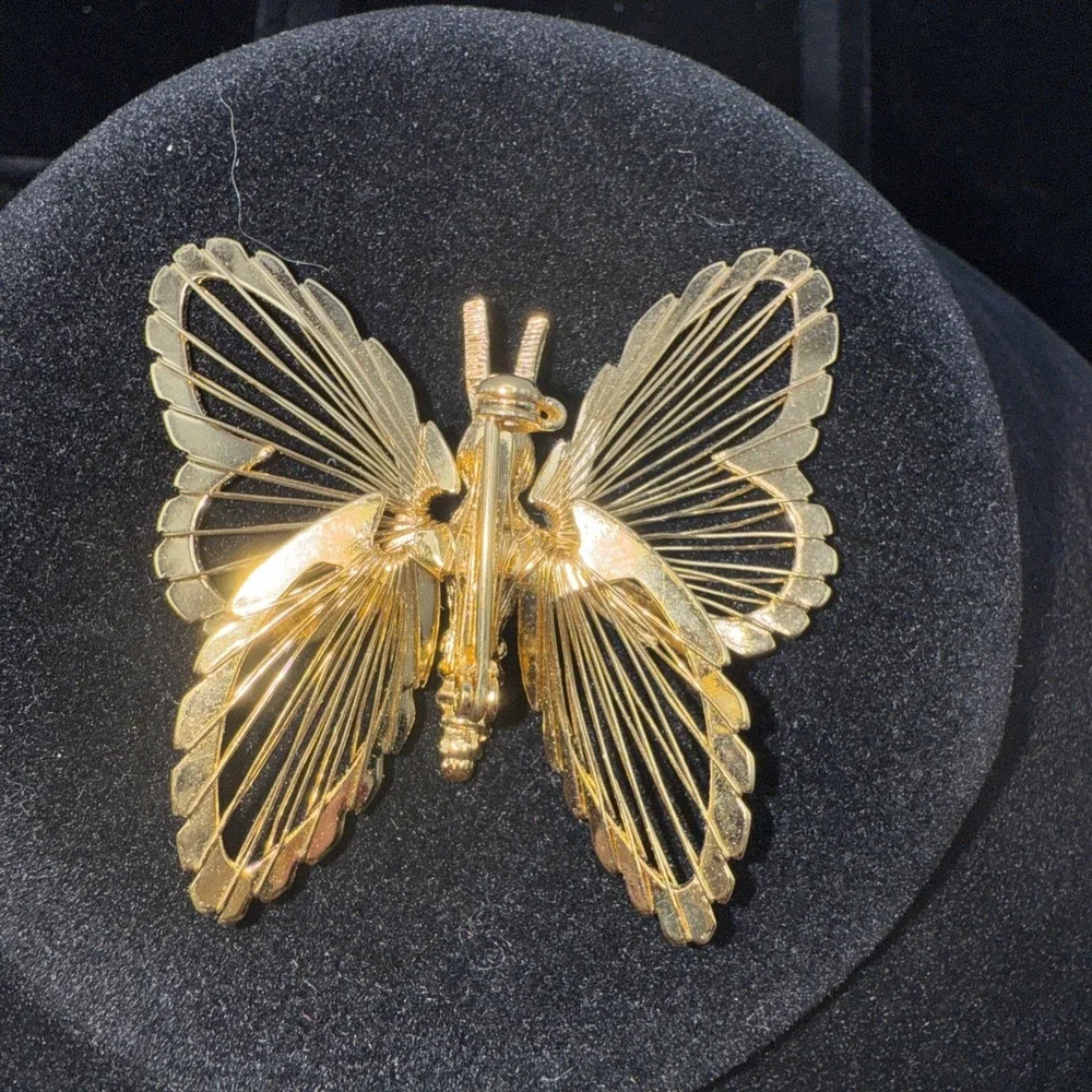 Vintage Signed Monet Butterfly Brooch Pin Gold Tone Open Filigree 1.5 inches